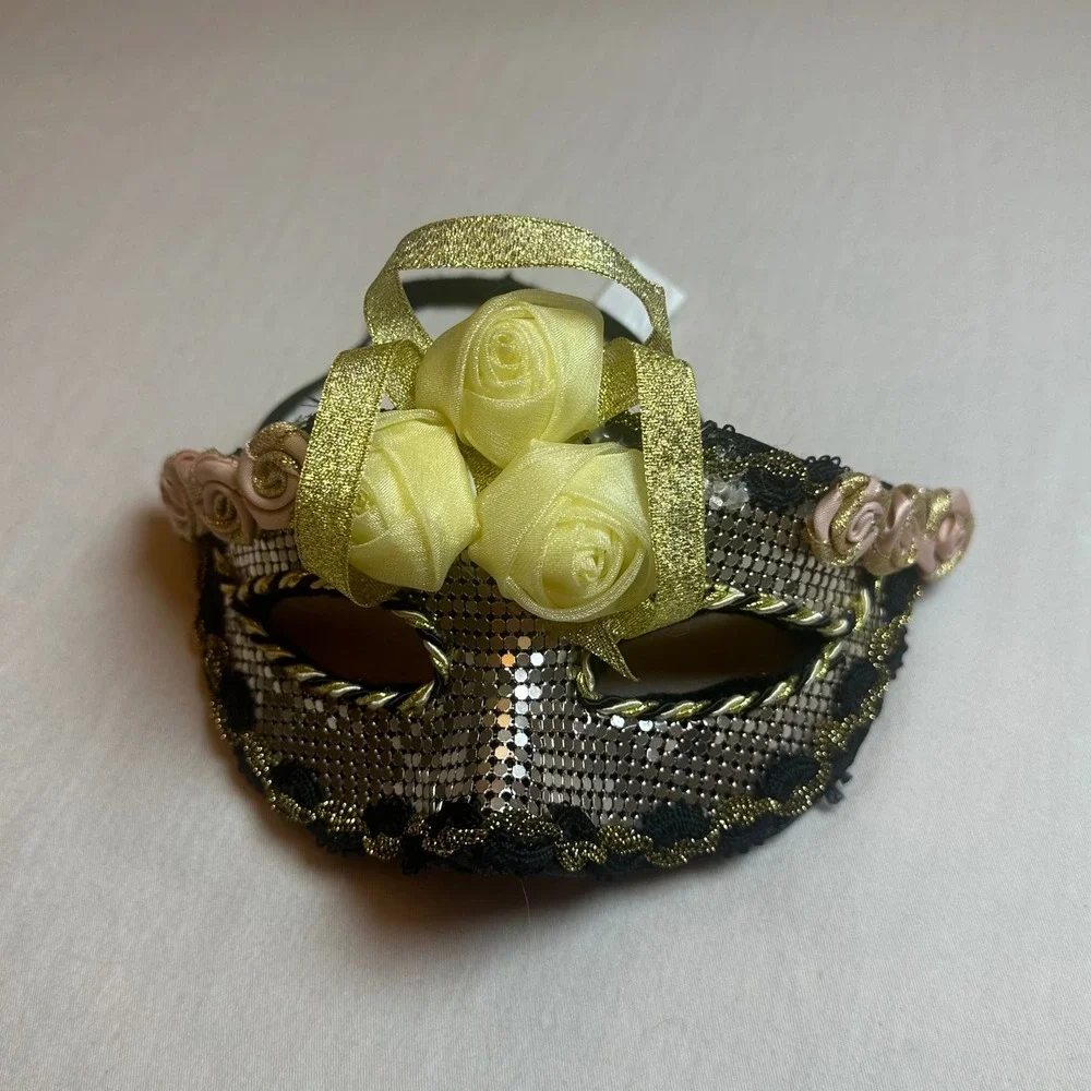 Masquerade Mask Gold Mesh Floral Yellow Pink Roses Halloween Costume Mardi Gras